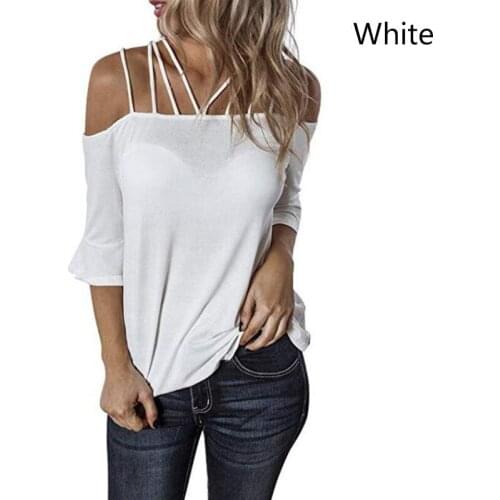 Plus Size Flare Half Sleeve Women Fashion New Loose T-shirt Solid Black Shoulder Straps Off Shoulder Sexy Casual Ladies T-shirts