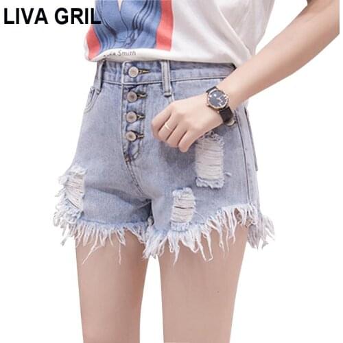 Liva Girl 2018 Summer Korean Style High Waist Denim Shorts Fasion Women Slim Wide Leg Jeans Shorts Washed Hole Tassel Hot Pants