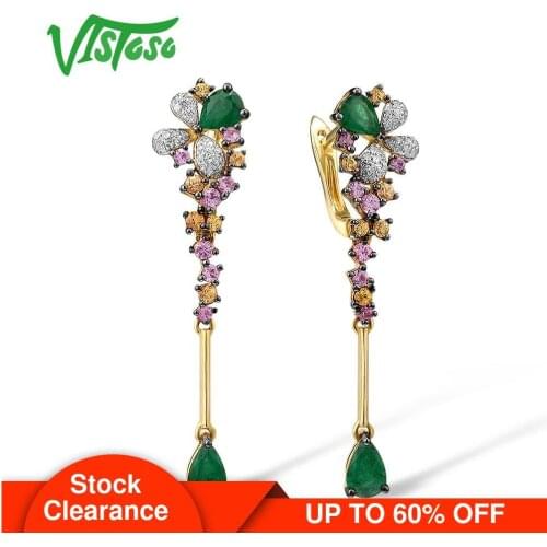 VISTOSO Gold Earrings For Women Pure 14K 585 Yellow Gold Sparkling Diamond Nice Gemstones Stunning Drop Earrings Fine Jewelry