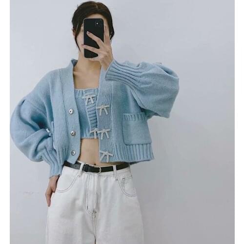 Za womens sweater bow crystal large casual cardigan V-neck pocket bat sleeve knitted jacket sweet coat