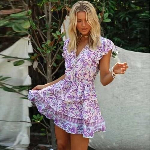 BOHO INSPIRED purple multi print ruffle dress V-neck mini party dress layered cascading ruffle boho dress 2020 new summer dress