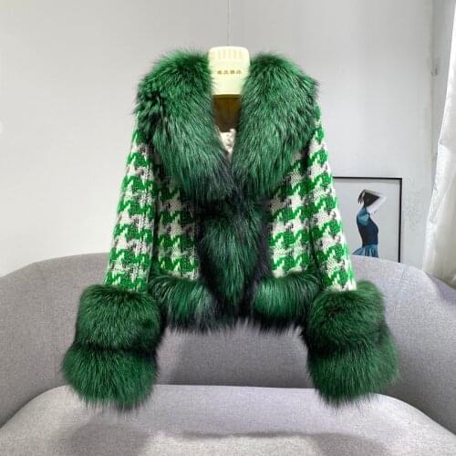 Ladies Autumn Winter Green Houndstooth Coat With Fluffy Natural Fox Fur Cuffs and Hem Ladies Outerwear Women Wool Jacket