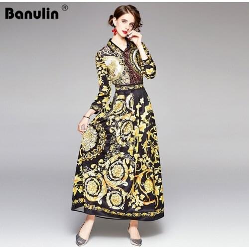 Autumn Vintage Loose Maxi Dress Women Long Sleeve Shirt Collar Fashion Totem Printed Elegant Party Pleated Robe Vestido N67473s