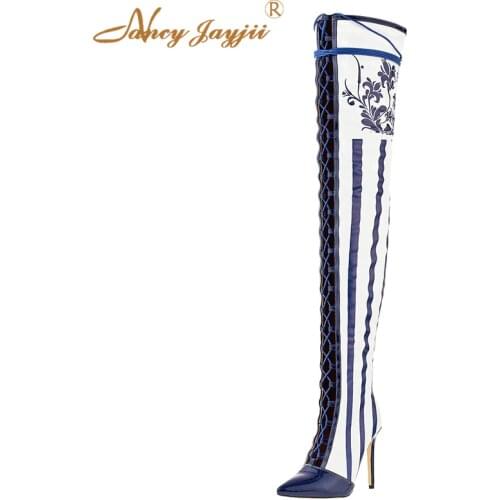 Rome winter ladies shoes pointed adult boots ladies knee high cross super high heel printed solid zipper fashion sexy 2019