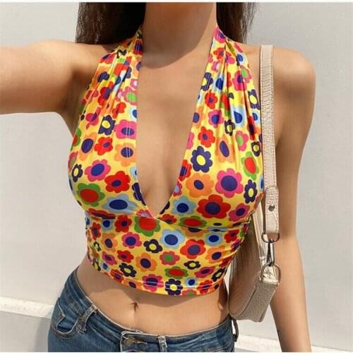 2021 Fashion Women Sexy Floral Print Halter Tank Top Sleeveless Backless Slim Fit Crop Top Holiday Summer Casual Camisole Tops