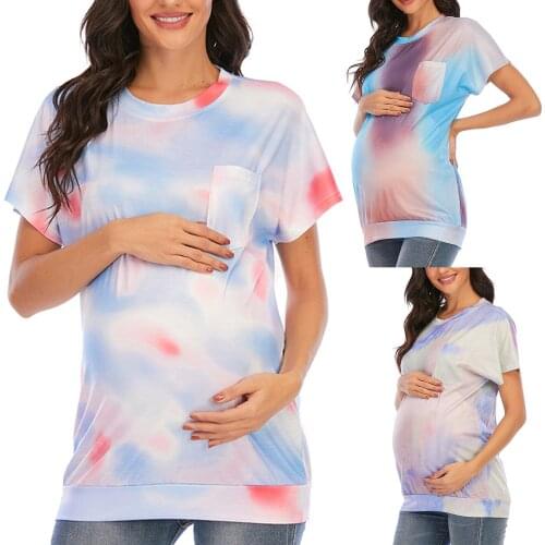 2021women Maternity Pregnancy Clothes Pocket Tie Dye Printing Women Short Sleeve Fashion Tops Blouse Casual Maternity Clothes