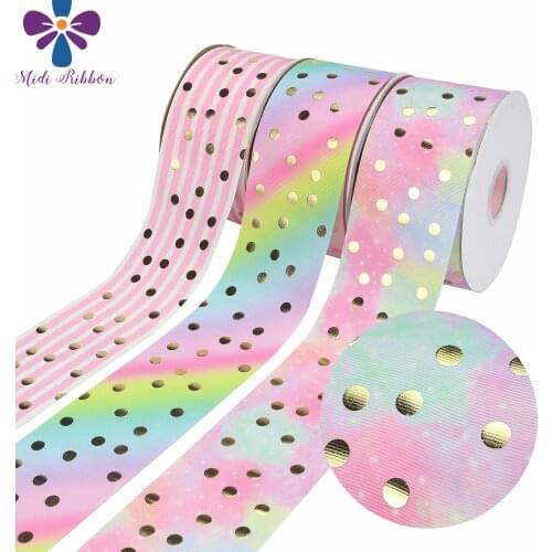 3"75mm Geometric Series Gold Dot Printing Gradient / Stripe Holographic Ribbon Velvet DIY Accessories 50 Yards / Roll