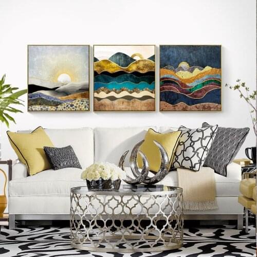 Nordic Abstract Wall Art Geometric Mountain Landscape sun Art Print Posters Canvas Painting Gold Sun Wall Picture Wall Stickers