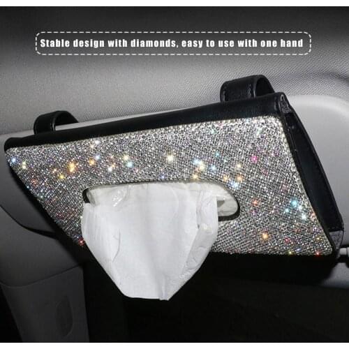 Car Sun Visor Tissue Box Multifunctional Luxury Crystal PU Leather Paper Holder Hanging 1 Piece