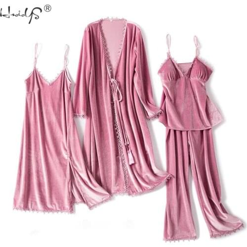 Velvet 4 Pieces Warm Winter Pajamas Sets Women Sexy Robe Sling Pajamas Sleepwear Kit Sleeveless Nightwear Homewear