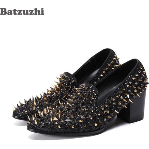 Batzuzhi New 6.5CM High Heels Men Shoes Pointed Toe Black Rivets Dress Shoes Men for Mens Party and Wedding Footwear,Big US6-12
