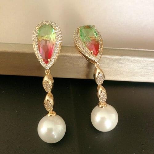Bilincolor Fashion Rainbow Red Cubic Zicon Drop Earring for Women Whit Pearl Jewelry