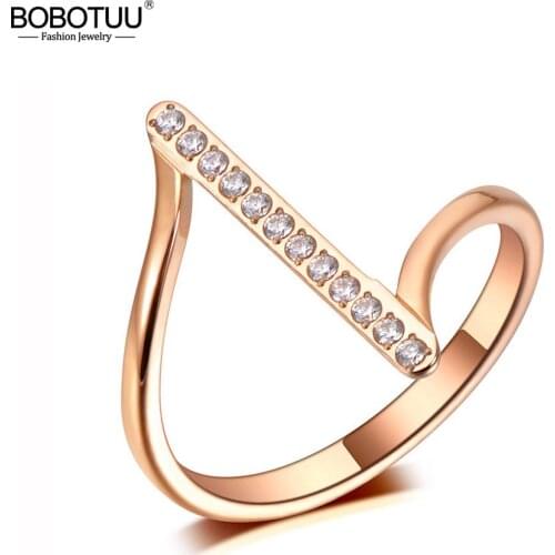 BOBOTUU New Stainless Steel Rhinestone Stone Geometric Rings Jewelry For Women Girls Simple Office Style Crystal Rings BR20005