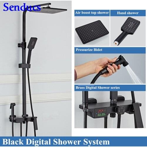Senducs Digital Shower Set Luxury Black Shower System 38 Temperature Bathroom Digital Shower Series Brass Bath Shower Set