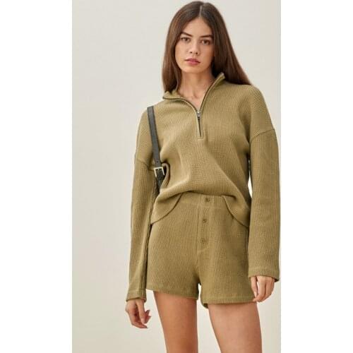 Women Half Zip Relaxed Waffle Sweatshirt & Elastic Waistband Waffle Shorts Waffle Co-ord Set