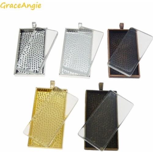 GraceAngie Wholesale Gold Silver Copper Tone Mixed Rectangle Bezel Pendant Tray Setting with Glass tile Cabochons DIY Finding
