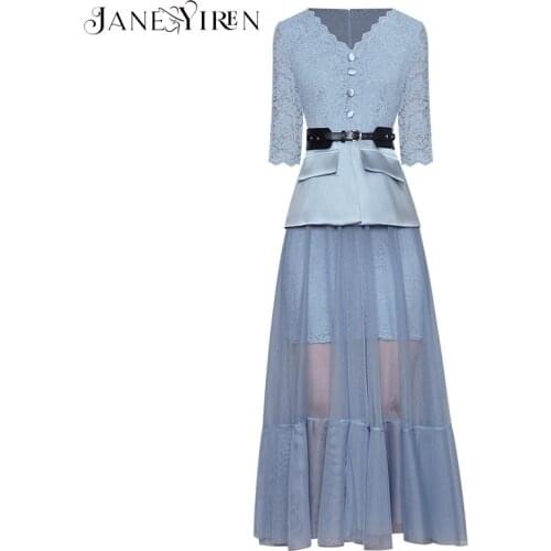 Janeyiren Fashion Designer Summer Blue Mesh Long Dress Women V-neck Half sleeve Belt Lace Splicing Elegant Party Dress Vestidos