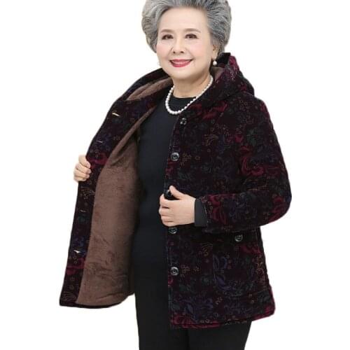 New Corduroy Grandmother Cotton Jacket Plus Size 5XL Winter Middle-aged Warm Print Hooded Coat Elderly Women Parkas Jacket W1664