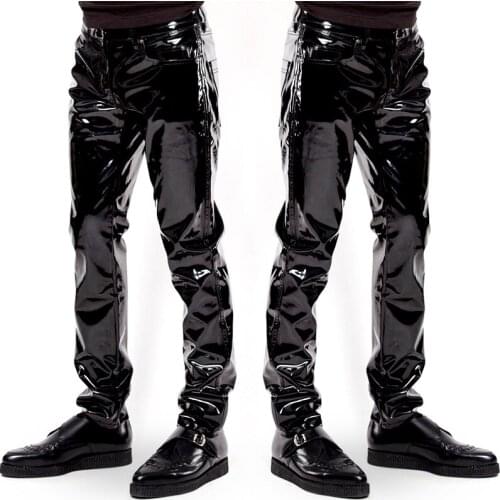 Men Wet Look Exotic Leather Pants Punk Style Biker Trousers Glossy Patent Leather Trousers Nightclub Dancer Pants
