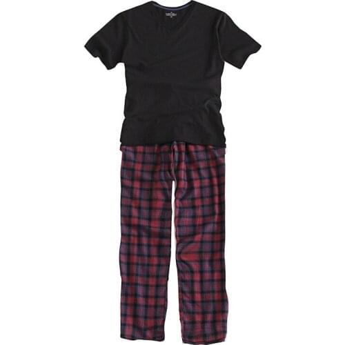 Men Autumn Cotton Pajamas Short Sleeve Trousers Sleepwear V-Neck Black Sleep Tops Plaid Sleep Bottoms Plus Size Lounge Set