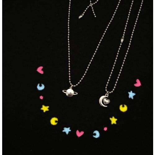 New Silver Color Planet Moon Pendant Stainless Steel Necklace Long Chain Jewelry Sweetheart for Women Man Friendship Girl Gifts