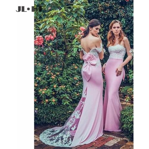 Mermaid Off Shoulder Bridesmaids Gown Long Appliques Lace Sweep Train Elastic Satin Wedding Party Dress Bridesmaids Dress