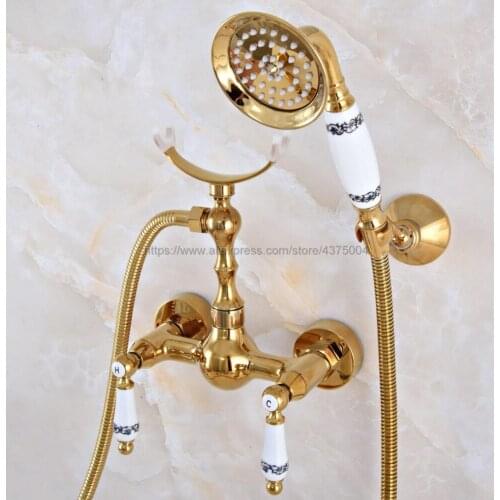 Luxury Gold Color Brass Wall Mounted Bathroom Shower Faucet Set With Hand Shower Head Mixer Tap Nna926
