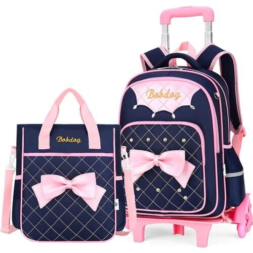 2Pcs Princess Style Bowknot Primary Rolling School Backpack Wheeled Trolley Elementary Bookbag on Six Wheels Mochilas Schoolbag