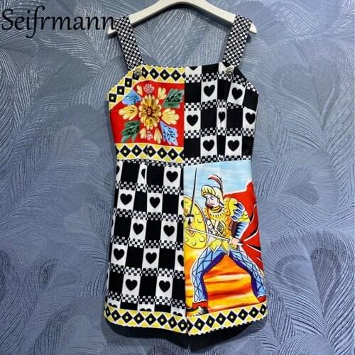 Seifrmann New 2021 Summer Women Fashion Designer Jumpsuit Sexy Spaghetti Strap Crystal Vintage Printed Bodysuit Short Romper