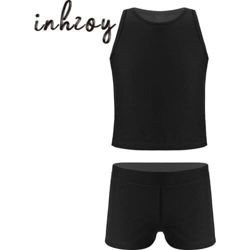 Kids Girls Solid Color Tracksuit Yoga Running Fitness Tank Top with Gymnastics Shorts Sports Sets Children Ballet Dance Wear