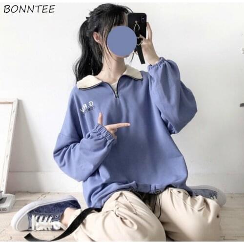 Hoodies Women Letter-print Student Ulzzang Autumn Newest Stand-Collar Large Size 2XL Chic Boyfriend Simple All-match Lace Up Ins