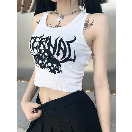 Women’s Gothic Style Skull Print Vest Top Round Neck Exposed Navel Sleeveless Bottoming Tank Top 2020 Cool Girls Fashion Wear