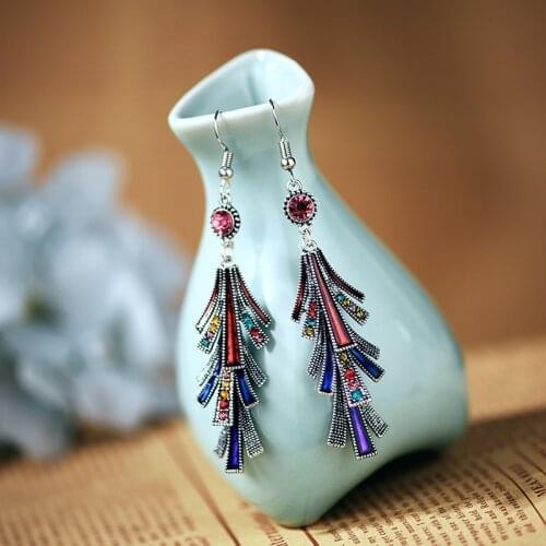 Ethnic Womens Bohemian Alloy Long Earrings Vintage Rhinestones Beads Gypsy Jhumka Earrings Oorbellen Hangers