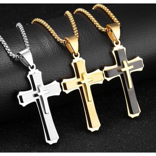 Vintage Cross Pendant Necklace Men Women Stainless Steel Box Chain Necklace Ethnic Prayer Cross Pendant Retro Jewelry