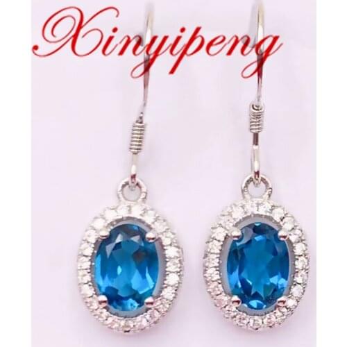 Xin Yipeng Fine Gem Jewelry Real S925 Sterling Silver Plated White Gold Inlaid Blue Topaz Earring Anniversary Gift for Women