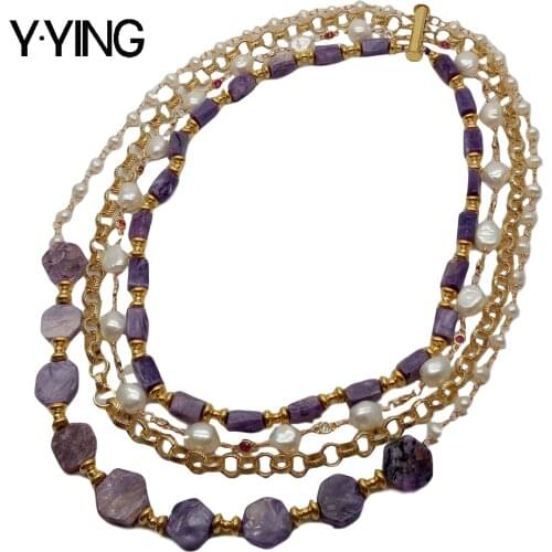 Y·YING natural Cultured White Baroque freshwater Pearl Purple Charoite Chain statement Necklace 17" punk style for women