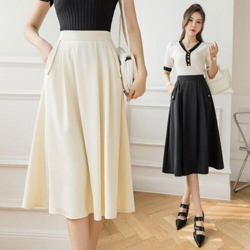 2021Summer New Korea High Waist Thin Simple Solid A-line Skirt Loose Plus Size Casual Women Pocket Big Swing Skirt Free Shipping