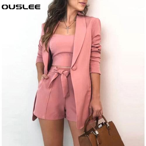 Ouslee Women Elegant Blazer Sets Autumn Formal Slash Neck Office Lady Shorts Top Sets Plus Size Solid Top Blazer Coat Shorts Set