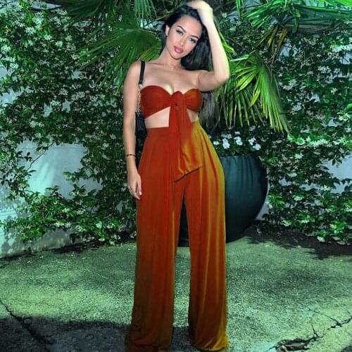 Two Piece Set Women Solid Color Sexy Lace-Up Sleeveless Bandage Crop Tops+Vintage Wide Leg Pants Suit Fashion Party Outfits