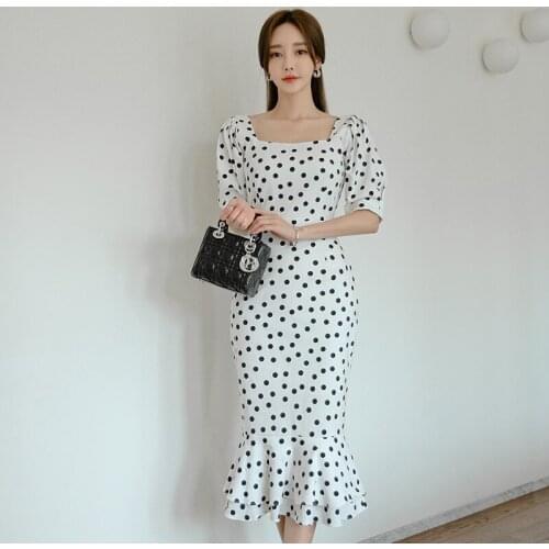 New Runway Summer Polka Dot Elegant Short Sleeve Vintage Womens Mermaid Dress Midi Dress Casual Fashion Womens Clothing