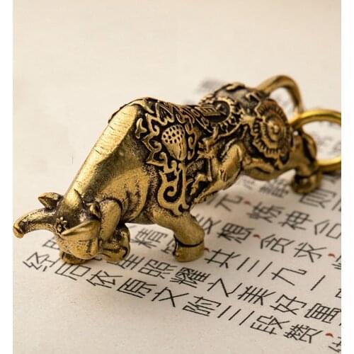 2021 12 Styles Bull Ornament Sculpture Copper Miniatures Figurines Zodiac Key Pendant Key Chain Desk DIY Home Decor Ornaments