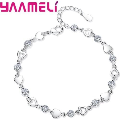 Romantic Heart Rhinestone Cubic Zircon Strand Bracelets 925 Sterling Silver Wedding Engagement Jewelry Valentines Birthday Gift