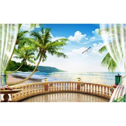 Custom photo mural 3d wallpaper Seaside balcony coconut tree seagull scenery room wallpaper for walls 3 d home decor in rolls
