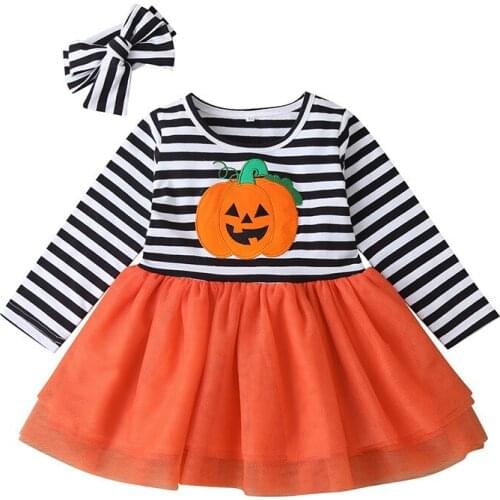 2020 Cotton Halloween Dress Girls Set 2PCS Girls Clothes Full Sleeve Pactwork Pumpkin Print Kids Clothing Striped