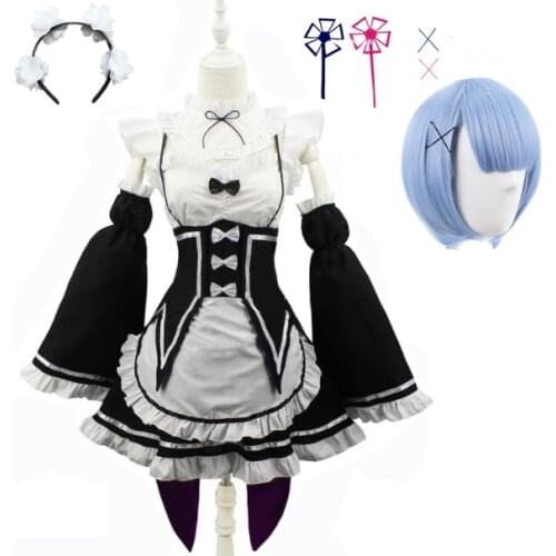 Ram/Rem Cosplay Re:zero Kara Hajimeru Isekai Seikatsu black blue red Costume Maid Servant Dress