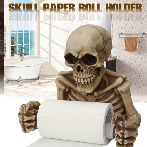 Creative Spooky Grinning Skull Toilet Paper Holder Resin Medieval Gothic Skeleton Statue Ornaments Home Decoration Figurine 45