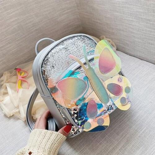 Mini Backpack Shiny Children Schoolbag Butterfly Backpack Sequin School Bag Fashion Travel Shoulders Bag for Children (Silver)