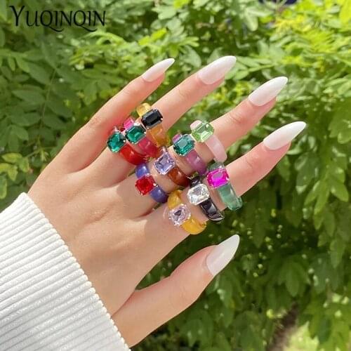 Fashion Resin Acrylic Colorful Rectangle Rhinestone Rings for Women Big Transparent Finger Ring Girls Vintage Femalel Jewelry