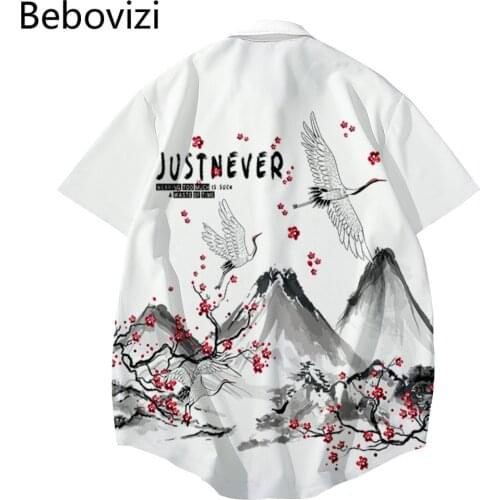 Japanese Style 2021 Men Hawaiian Shirt Streetwear Peach Blossom Crane Print Harajuku Beach Shirt Casual Summer Short Sleeve