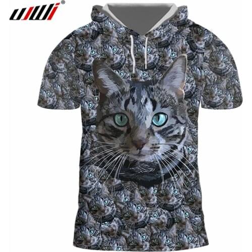 UJWI Summer Tops Men/womens Funny Print Black Cats cute 3D Hooded Tshirt Cap T-shirt Man Hiphop Streetwear Outwear Hoodies